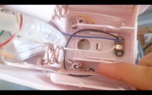 Wires in water pump. The blue and white wires go to the battery terminals and the black wire goes to the motor+. The yellow wire is motor-. Ignore the clear wires--those were added by me. 