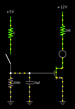 This circuit will slowly turn off when the switch opens by discharging a capacitor. The key is to choose the supply voltage on the left to be only about 2-3 times the threshold voltage of the MOSFET. 