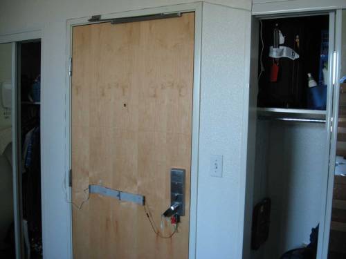 Prototype 2. Notice there is no more reader mounted on the door, rather in the closet. Notice the wire looping around the door.