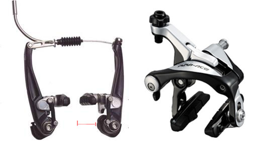 Bike brakes. Left: V-brakes on my bike. Right: Road bike style brakes. Notice the dimension in red that limits my maximum displacement from the wheel. 