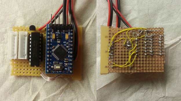 Proto-board control board front and back. JST LED connectors in white, High-side transistor array in middle and Arduino on the right. 